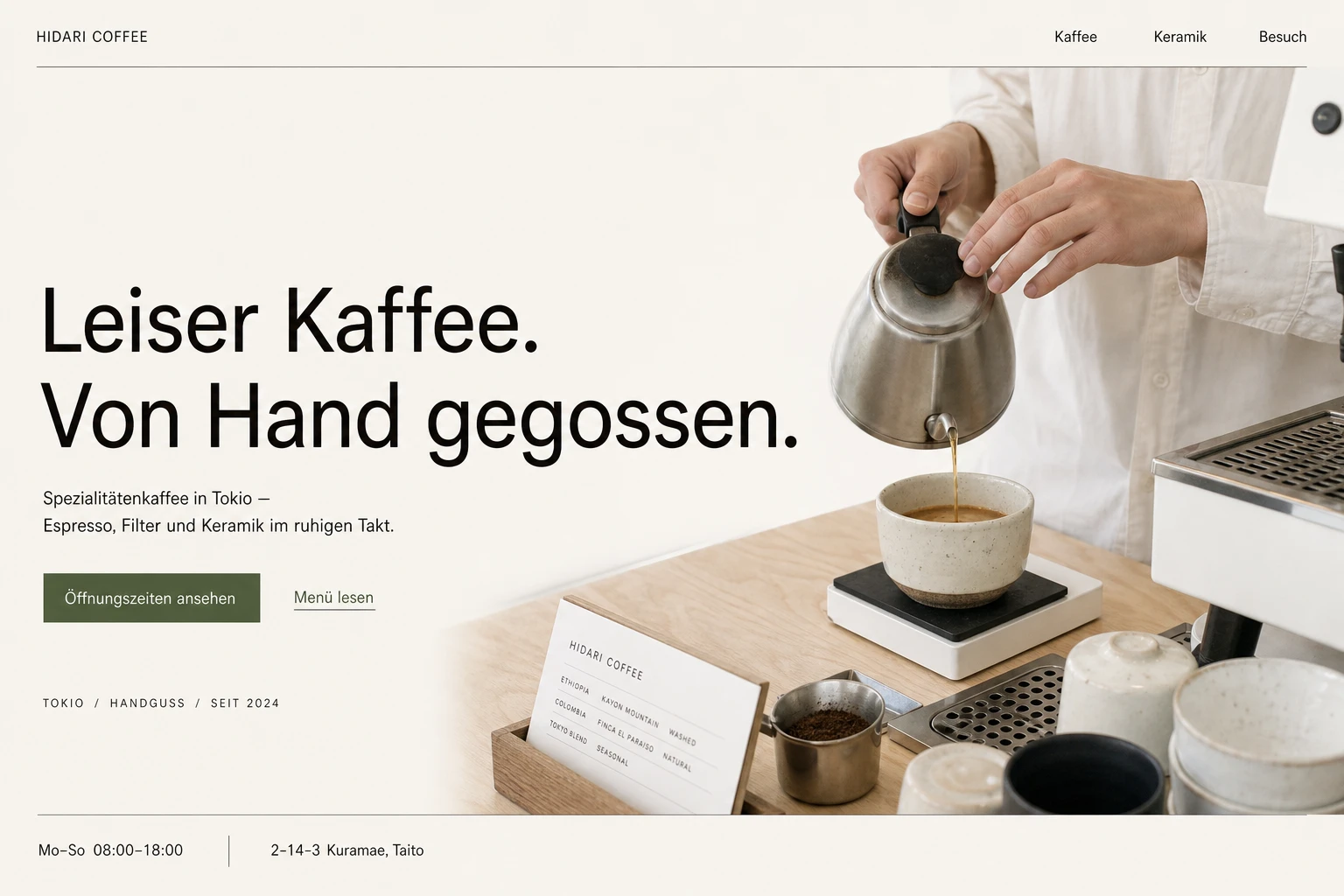 Von Velmo gestaltete Website für HIDARI Coffee